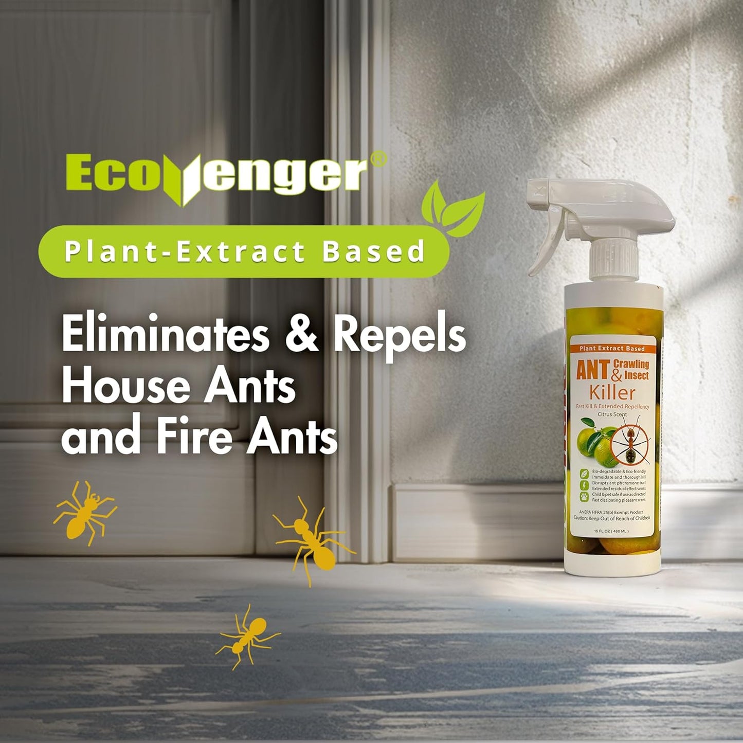 EcoVenger Ant Killer & Crawling Insect Killer (Citrus Scent) 16 oz, Kills Fast in Minutes, Also Kills Spiders, Centipedes & More, Repels with Residual, Natural & Non-Toxic, Safe for Children & Pets