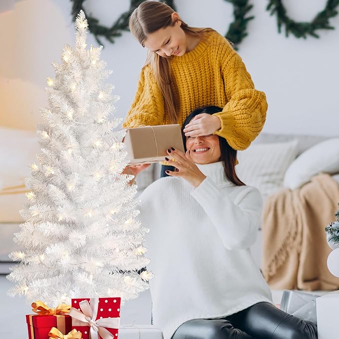4ft Artificial Full White Christmas Tree with Separate Lights, Not Pre-lit Mini White Tinsel Pine Christmas Tree, 50 Lights, Small Xmas Tree for Home, Office, Party Decoration, Indoor
