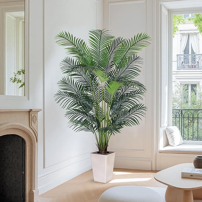 Artificial Palm Tree with White Tall Planter, 7ft Tall Potted Artificial Silk Palm Tree Plant, Fake Tropical Plant, Home Office Floor Room Decor Plants Indoor Outdoor, Housewarming Gift
