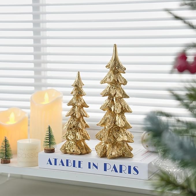 2Pcs Gold Christmas Tree Figurines, Resin Christmas Trees with Weathered Finish, Small Decorative Tabletop Trees for Mantel, Modern Holiday Home Decor for Living Room, Office, Festive Centerpiece