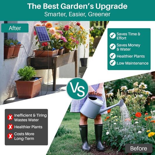 Biling 4W Solar Drip Irrigation System with Digital Programmable Smart Watering, 2200mAh Battery Backup for 15 Potted Plants Outdoor Indoor Garden