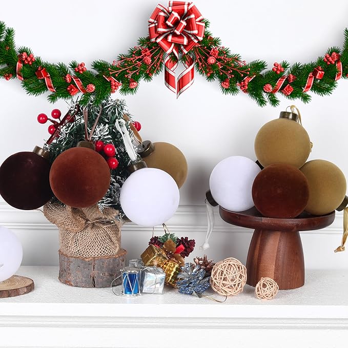 24 Pcs Velvet Christmas Balls Bulk Shatterproof Plastic Christmas Tree Decorations for Decorative Hanging Baubles (24, White、Khaki、Brown、Coffee, 3.15Inch)