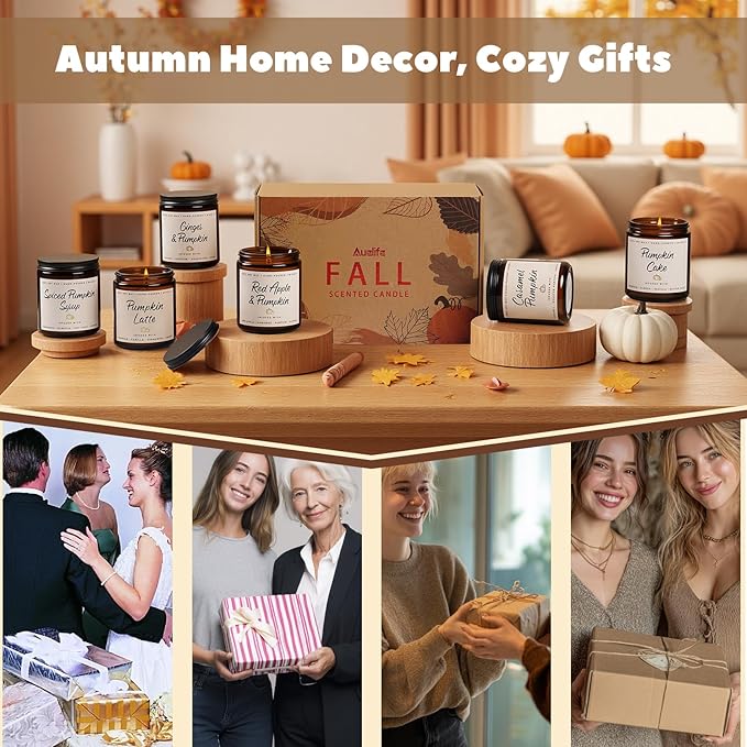 Auelife Fall Scented Candles - Pumpkin Candle Set of 6 | Ginger, Apple, Cake, Caramel, Latte & Spiced Pumpkin Soy Candles | Autumn Candle for Home Décor & Gifts for Women, Cozy Fall Aromatherapy