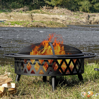 42 Inch Wood Burning Fire Pit with 2 Loops, Outdoor Fire Pit with Spark Screen & Fire Poker, Cross Weave Firepit for Outside Fireplace Bonfire for Yard,Patio, Garden
