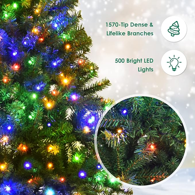 COSTWAY 7 FT Pre-lit Christmas Tree, Artificial Xmas Tree with 500 Warm White & Multicolored Lights, 11 Modes, 1570 Branch Tips, Metal Support, Holiday Decoration Fake Tree for Home, Office, Party