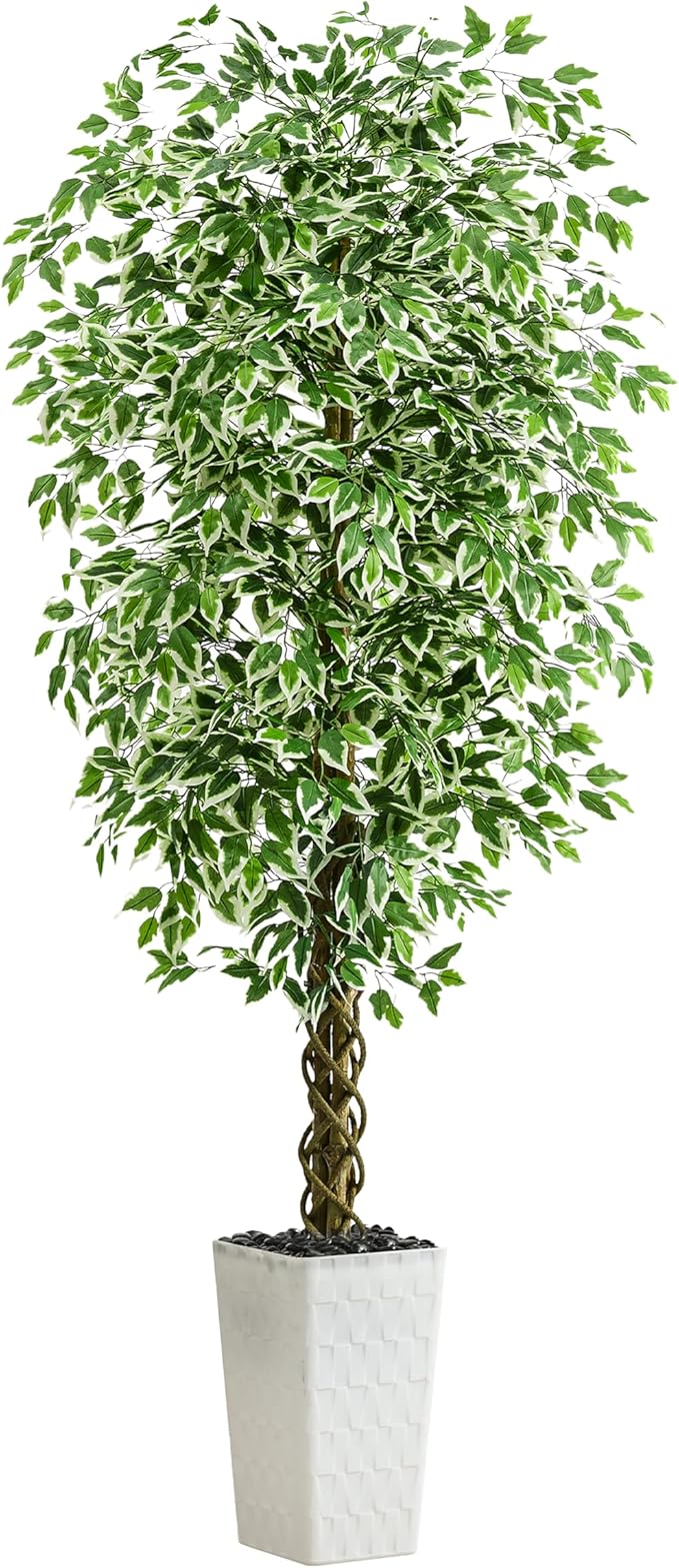 Artificial Ficus Tree Indoor 6FT Fake Plants Large Artificial Plant with Crack White Tall Planter, Green Lifelike Lush Fake Ficus Tree for Home Living Room Bedroom Outdoor Balcony House Office Decor
