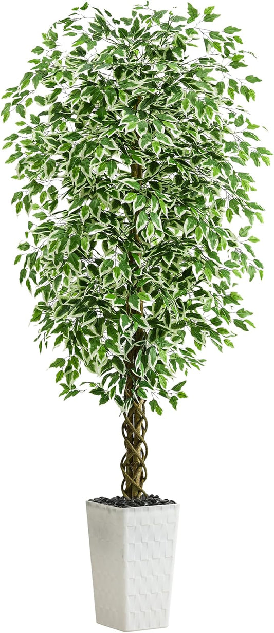 Artificial Ficus Tree Indoor 6FT Fake Plants Large Artificial Plant with Crack White Tall Planter, Green Lifelike Lush Fake Ficus Tree for Home Living Room Bedroom Outdoor Balcony House Office Decor
