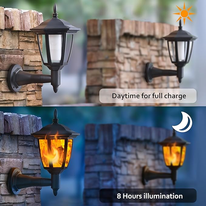 Dynaming 4 Pack Solar Flame Wall Lanterns Outdoor, Solar Powered Wall Mounted Sconce Lights, Flickering Flame LED Lights Auto On/Off Wall Hanging Lights, Waterproof for Garage Stair Patio Porch Yard