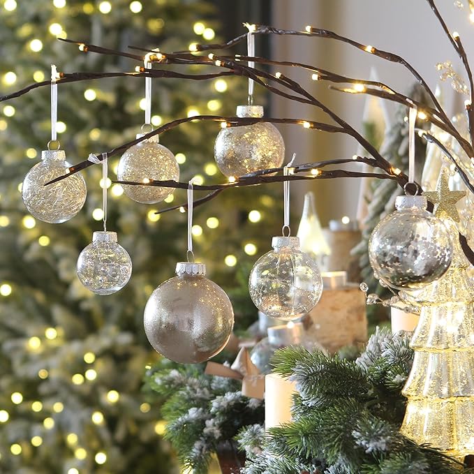Sea Team 60mm/2.36" Shatterproof Clear Plastic Christmas Tree Ball Ornaments Set, Decorative Hanging Transparent Xmas Baubles with Stuffed Delicate Decorations (30 Counts , Champagne)
