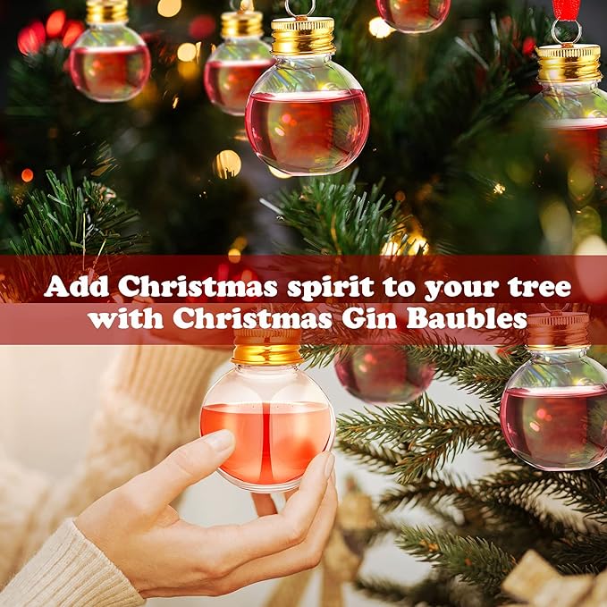 Patelai 18 Pcs Christmas Drink Balls Clear Shot Glass Ornaments Xmas Tree Fillable Ornaments Plastic Xmas Water Bottle Bulbs for Holiday Party Decorations (Round,50 ml)