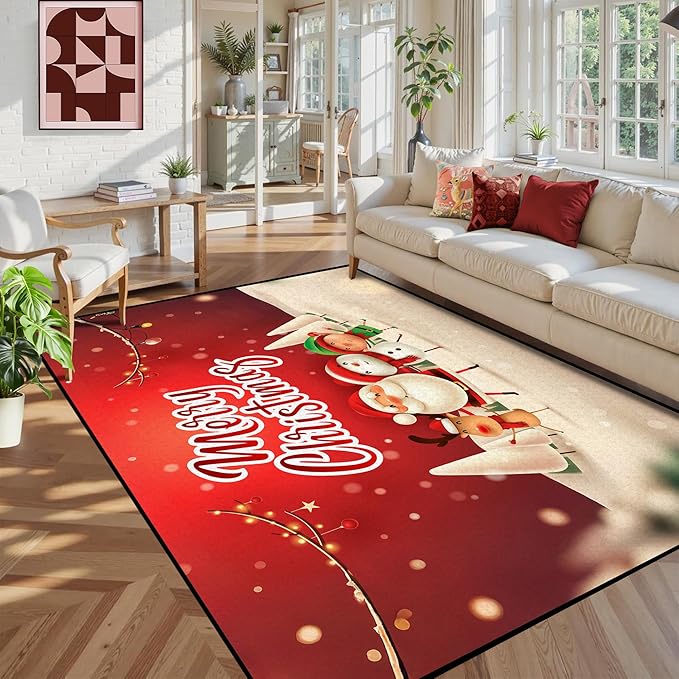 5' X 7' Christmas Rugs,Xmas Tree Snowflake Non-Slip Washable Rug Indoor Rugs Floor Mats Carpet for Living Room Bedroom Dining Room Home Decor