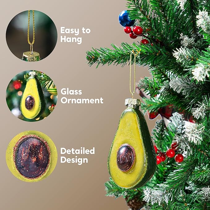 Joiedomi Christmas Avocado Glass Ornament, Glass Blown Food Ornament Presents for Christmas Tree Decoration, Xmas Food Decoration for Xmas Gift Party Favor
