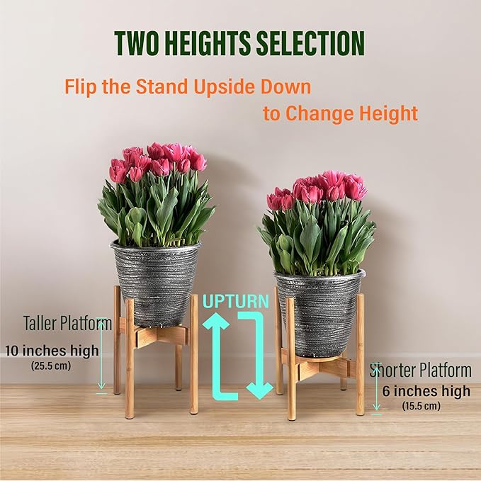 ZPirates Plant Stand for Indoor - Adjustable Sideways to fit 8 10 or 12 Inch-wide Medium-Large Planter Pots - Ideal for Live and Fake, Corner and Floor Plants - 14-inch Tall - Bamboo Wood