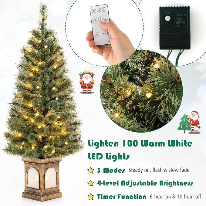 HAPPYGRILL 4 FT Pre-Lit Artificial Xmas Tree with Pine Needles, Christmas Entrance Tree with 116 Branch Tips, 100 LED Lights & Cement-Filled Base, Remote Control