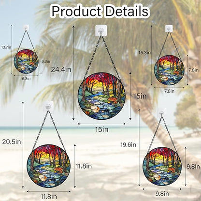 Stained Glass Window Hanging, Red Tree Abstract Sunset Lake Sun Catcher for Window Home Decor Landscape Suncatcher Mother's Day Birthday Gifts for Women Men Mom and Nana 6.3 in