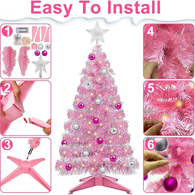 TURNMEON Remote Control 8 Modes 3 Ft Christmas Tree Warm Lights 15 DIY Ball Ornaments Star Battery Operated Artificial Pink Full Tree Timer Holiday Xmas Decoration Home Indoor Table Valentine's Day