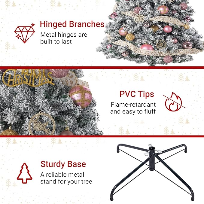 7FT Green Artificial Christmas Tree with 1200 Realistic Branch, Flocked Full Xmas Tree with Foldable Stand, Easy Assembly Hinged Pine Tree for Home, Shop, Office, Party Holiday Decoration