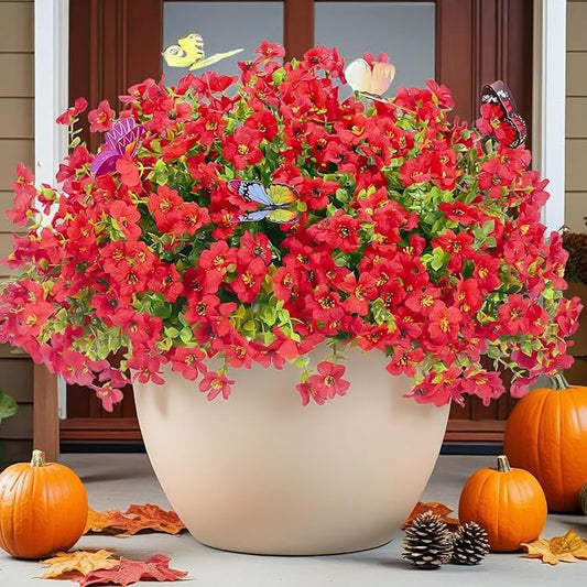20 Bundles Artificial Flowers for Outdoors‌ with 6 Faux Butterflies, UV Resistant Fake Flowers‌ with Eucalyptus Leaves, Artificial Plants Outdoor‌ for Patio Garden Porch Home Decor (Red)