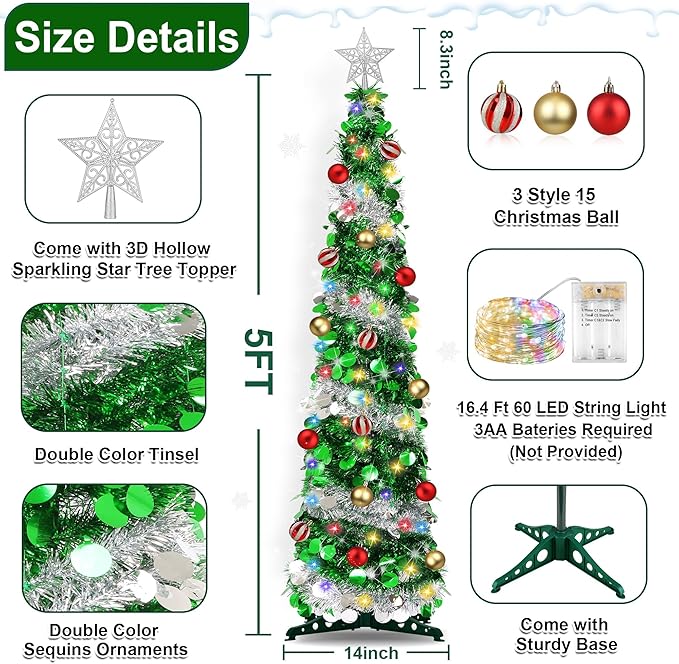 5FT Pop Up Christmas Tree with Timer 60 Warm White & Multi Color Fairy Light 3D Star 15 Ball Ornament, Green Sliver Tinsel Christmas Tree Slim Pencil Xmas Tree Home Office Holiday Decor Indoor Outdoor
