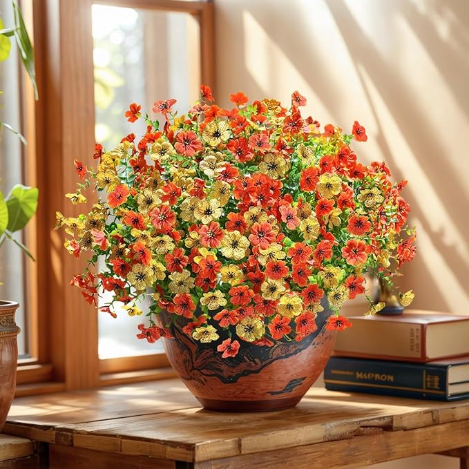 SHIAWASENA Realistic Outdoor Fake Plants Flowers, Artificial Flowers, UV Resistant, 12 Bundles Faux Silk Colorful Violet Flowers Bouquet with Eucalyptus (Yellow & Orange)