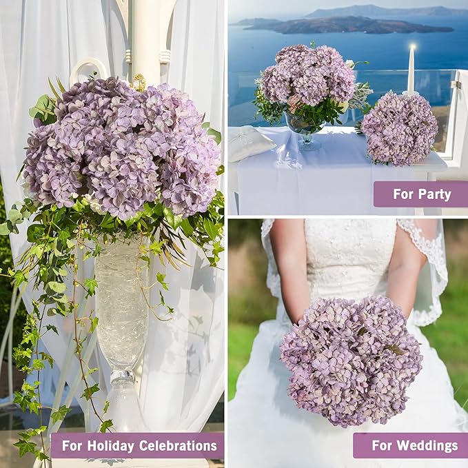 Artificial Flower Fake Silk Hydrangea Heads Bouquet With Stems Bulk for Fall Decoration Table Center Christmas Indoor Outdoor Faux Floral Realistic With Leaves Plants Crafts 8PCS(Pale Purple)