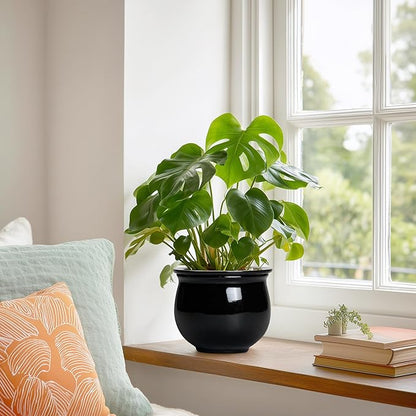 Ceramic African Violet Self Watering Pots, 6 Inch Self Watering Plant Pot with Absorbent Inner Pot, Flower Pots for Indoor Plants, Round Ceramic Planter, Home Decor, Plant Lover Gifts, Black