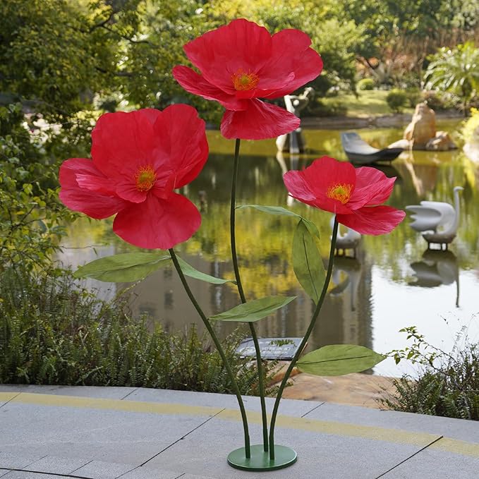 Large Paper Artificial Flowers,Giant Flowers for Decoration,Huge Handcrafted Poppy Fake Flowers with Stand for Home Decor Bridal Shower Party Outdoors Yard Event Backdrop Decor (red)