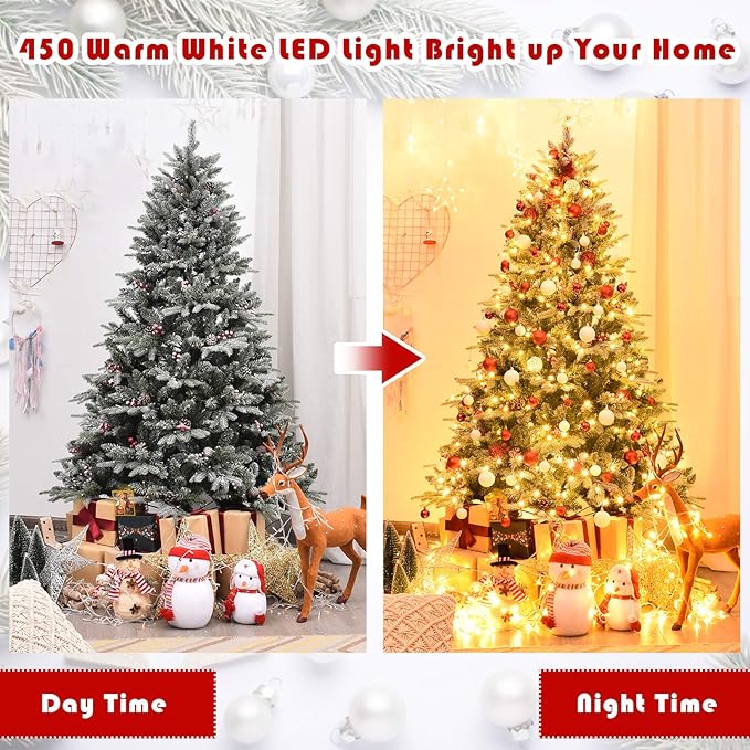 Happygrill 6.5FT Pre-lit Snow Flocked Christmas Tree Classic Natural Christmas Tree with 450 LED Lights Foldable Stand PVC PE Mixed Thick Leaves