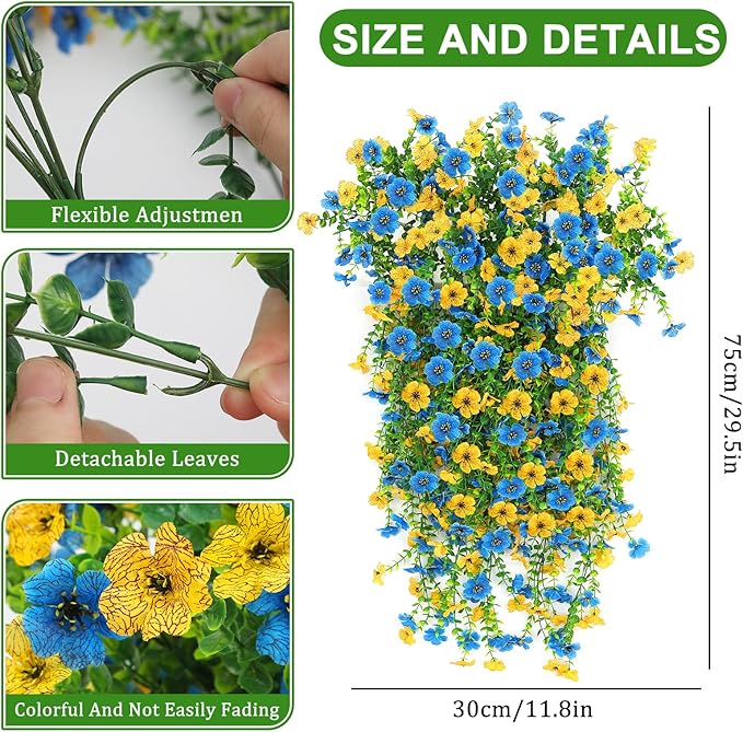 Artificial Flowers for Outdoors 6PCS，All Weather Fade Proof, UV Resistant Waterproof Realistic Faux Silk Mums Daisies Blue & Yellow for Hanging Planters Porch Patio Balcony Deck Fence Garden Decor