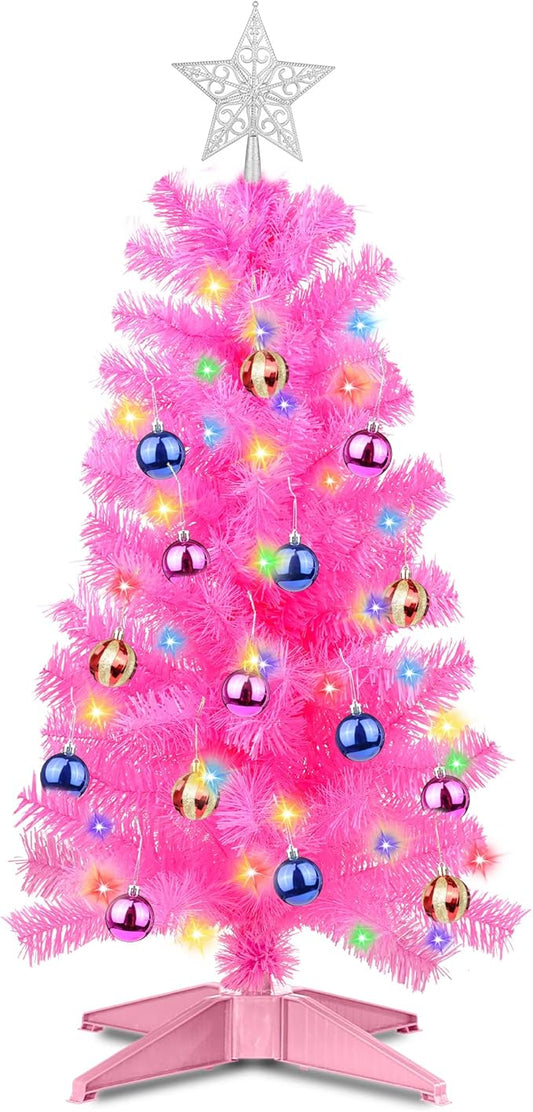 3 Feet Pink Tinsel Christmas Tree 12 Modes Dual Color Change Timer DIY 50 Warm White & Multicolor Lights Star 15 Ball Ornaments Battery Operated Small Artificial Full Xmas Tree Table Home Indoor