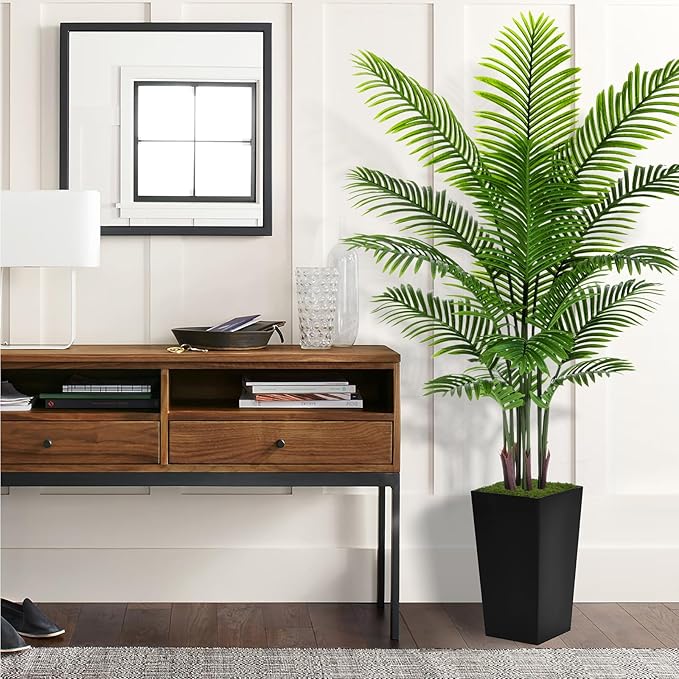 Artificial Palm Tree 6FT - Fake Tree with Black Tall Planter - Faux Tropical Areca Floor Plant in Pot - Artificial Silk Plant for Home Office Living Room Decor Indoor
