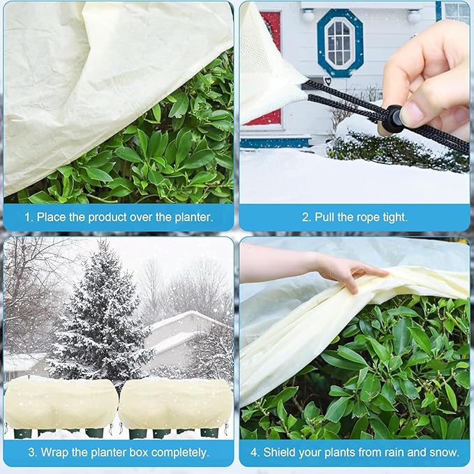Plant Frost Protection Cover,Plant Frost Cover for Garden Protection, Rectangular Planter Blanket with Drawstring, Winter Garden Netting, 68.8 x 17.7 x 15.7 Inch, 4 Pack