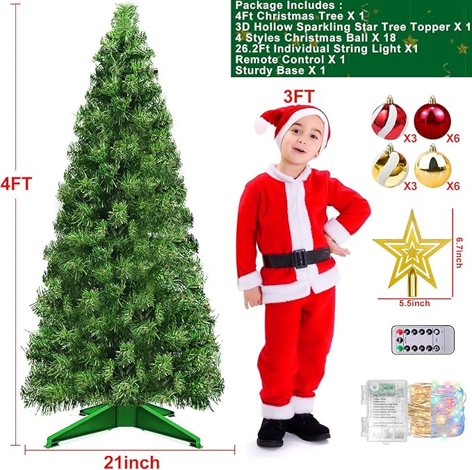 Remote 8 Mode & Timer 4 Ft Christmas Tree with 100 Warm White & Multi Color Change Lights 18 DIY Balls Ornaments 3D Star Battery Operated Small Xmas Tree Table Indoor Holiday Party Decor (Green)