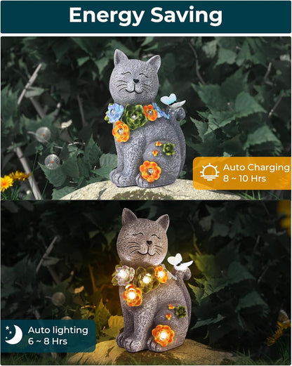 Solar Garden Statues Outdoor Decor, 6 LED Cat Flowers Butterfly Figurine Lights, Waterproof for Balcony Patio Porch Lawn Yard Ornament Art - Gift Ideas for Housewarming Gardening Grandma Women