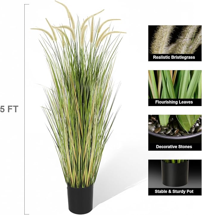 KOL Artificial 5ft Horsetail Reed Grass – 59in Tall Faux Grass Plant in Pot, Indoor Outdoor Artificial Greenery for Home, Office, Wedding & Party Decor