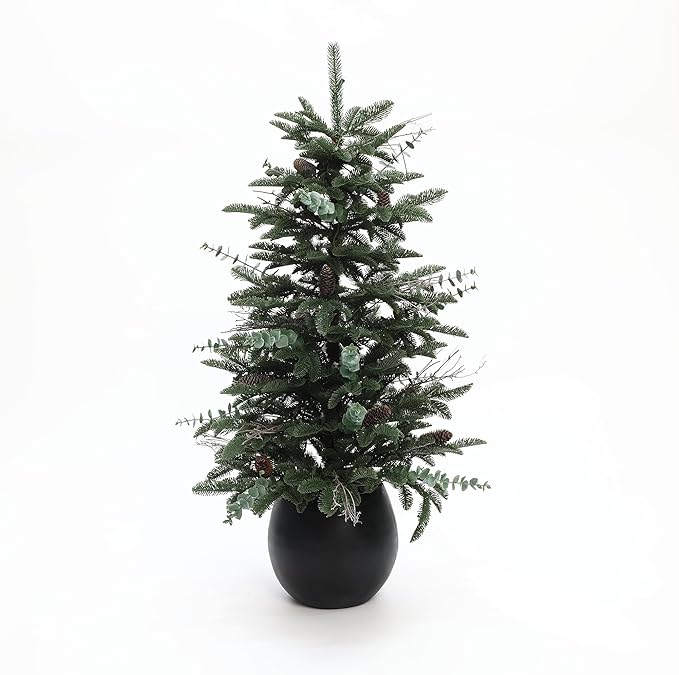 LuxenHome 4FT Small Christmas Tree, Slim Potted Christmas Trees with 100 Warm White LED Lights, Artificial Pine Tree with Pine Cone and Black Round Base, Faux Tree for Holiday Decorations