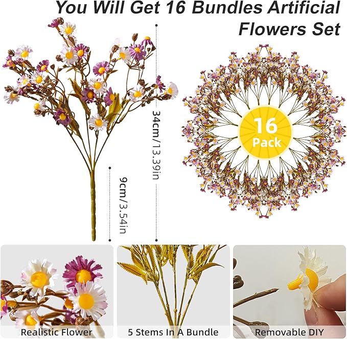 Artificial Daisy Flowers for Outdoor 16 Bundles Faux Daisy Flower UV Resistant No Fade Floral for Home Indoor Outside Garden Porch Window Box Balcony Yard Porch Fall Decor (Purple)