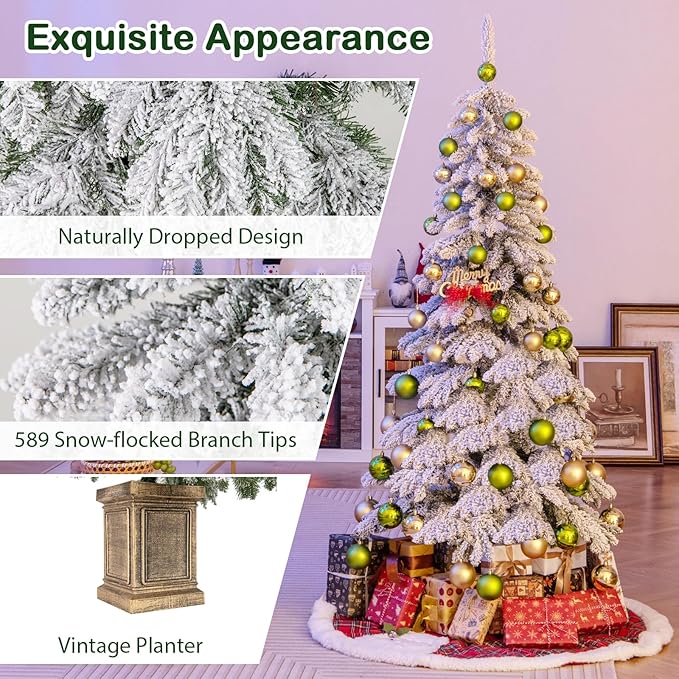 GOFLAME 6FT Potted Artificial Christmas Tree, Snow Flocked Xmas Tree with 589 Branch Tips, 48 Decorative Balls & Vintage Flowerpot, Hinged Holiday Decoration Tree for Home Party Entrance