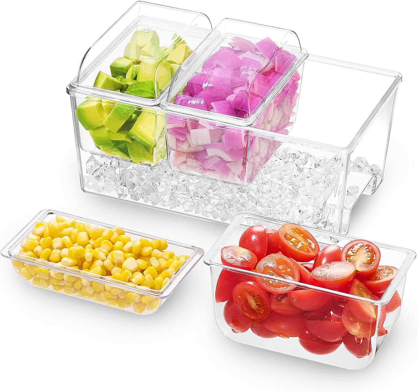 Lifewit Ice Chilled Condiment Caddy with 3 Containers(2.5 cup), Condiment Server with Separate Lids, Serving Tray Platter with Removable Dishes for Bar Accessories, Fruit, Salad, Taco, Party Garnish