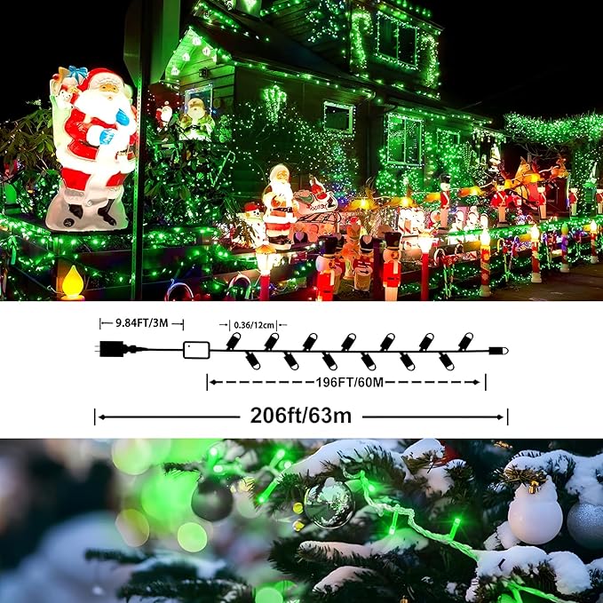 XURISEN Christmas Lights Outdoor 197FT 500 LED Green Wire String Lights 8 Modes with Timer Memory Waterproof Fairy Light Plug in for Xmas Tree Wedding Yard Party Holiday Decorations(Green)