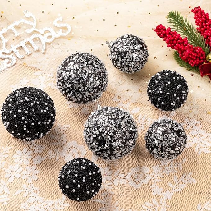 8CT Christmas Ball Ornaments, Black Christmas Ball Decorations Shatterproof Plastic Hanging Pearl Balls for Holiday Party(90mm/3.54")