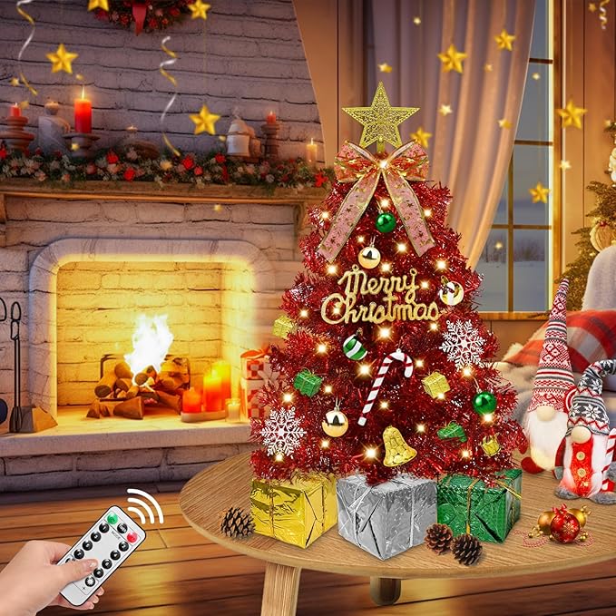 Dual Color Change&Remote Control 24 Inch/2FT Red Tabletop Christmas Tree with Lights Timer, 20 LED Warm White&Colored Lights 8 Modes 27 Orantments Star Boxes Mini Small Xmas Tree Home Holiday Decor