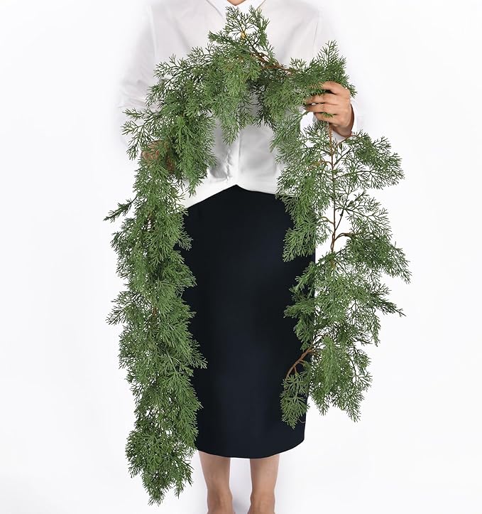 6.3FT Christmas Garland Real Touch Artificial Cedar Cypress Greenery Soft Pine Needles Realistic Faux Green Garland for Mantle Fireplace Table Wall Indoor Christmas Decorations