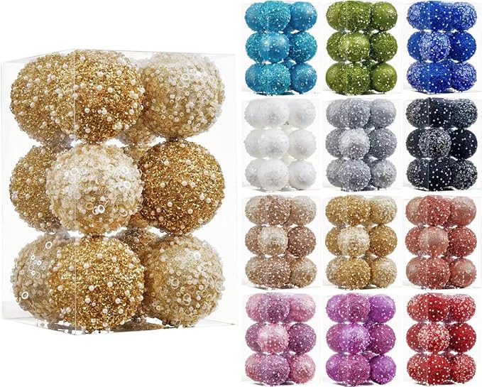 12CT Christmas Ball Ornaments, Gold Christmas Ball Decorations Shatterproof Plastic Hanging Pearl Balls for Holiday Party(70mm/2.76")