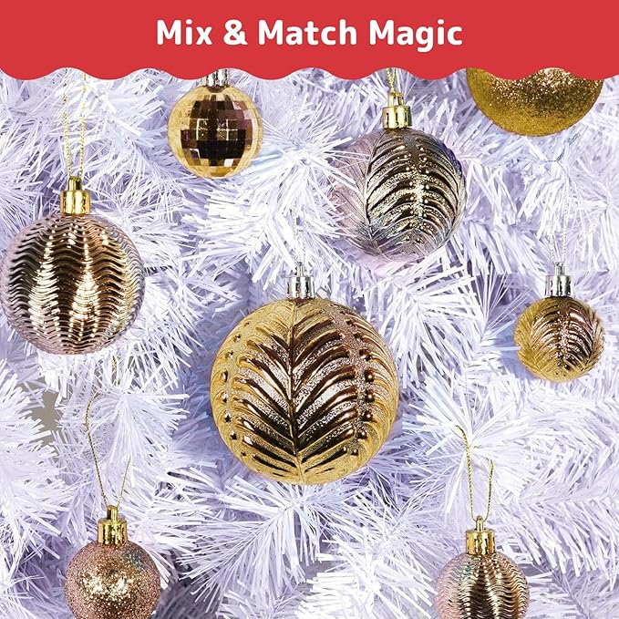 Prextex 36pc Shatterproof Christmas Ornaments Set - Gold Christmas Tree Decorations in 3 Sizes and 6 Styles - Hanging Balls with Loops in Matte, Shiny, and Glitter Finishes for Indoor-Outdoor Display