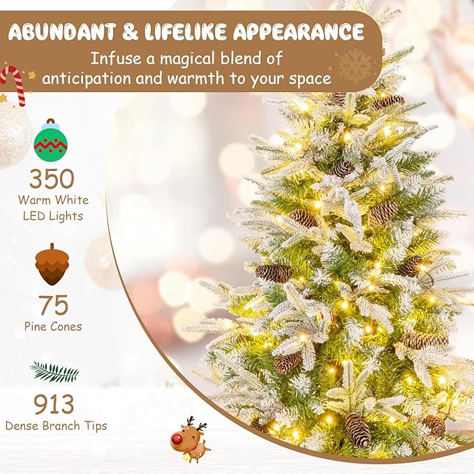 GOFLAME 7.5 FT Pre-Lit Pencil Christmas Tree Snow Flocked, Slim Artificial Xmas Tree with 913 Branch Tips, 350 LED Lights, 75 Natural Pine Cones, Hinged Holiday Decoration Tree for Home Office