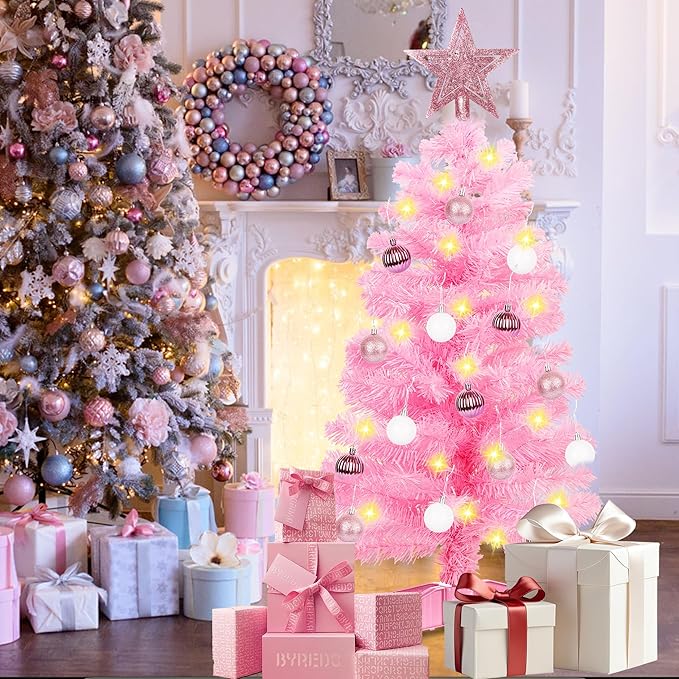 3 Ft Premium Pink Christmas Tree with Lights, Battery Operated Timer 8 Modes 50 Warm White Lights Small Artifical Full Christmas Tree for Tabletop Home Office Indoor Outdoor Xmas Holiday Decorations