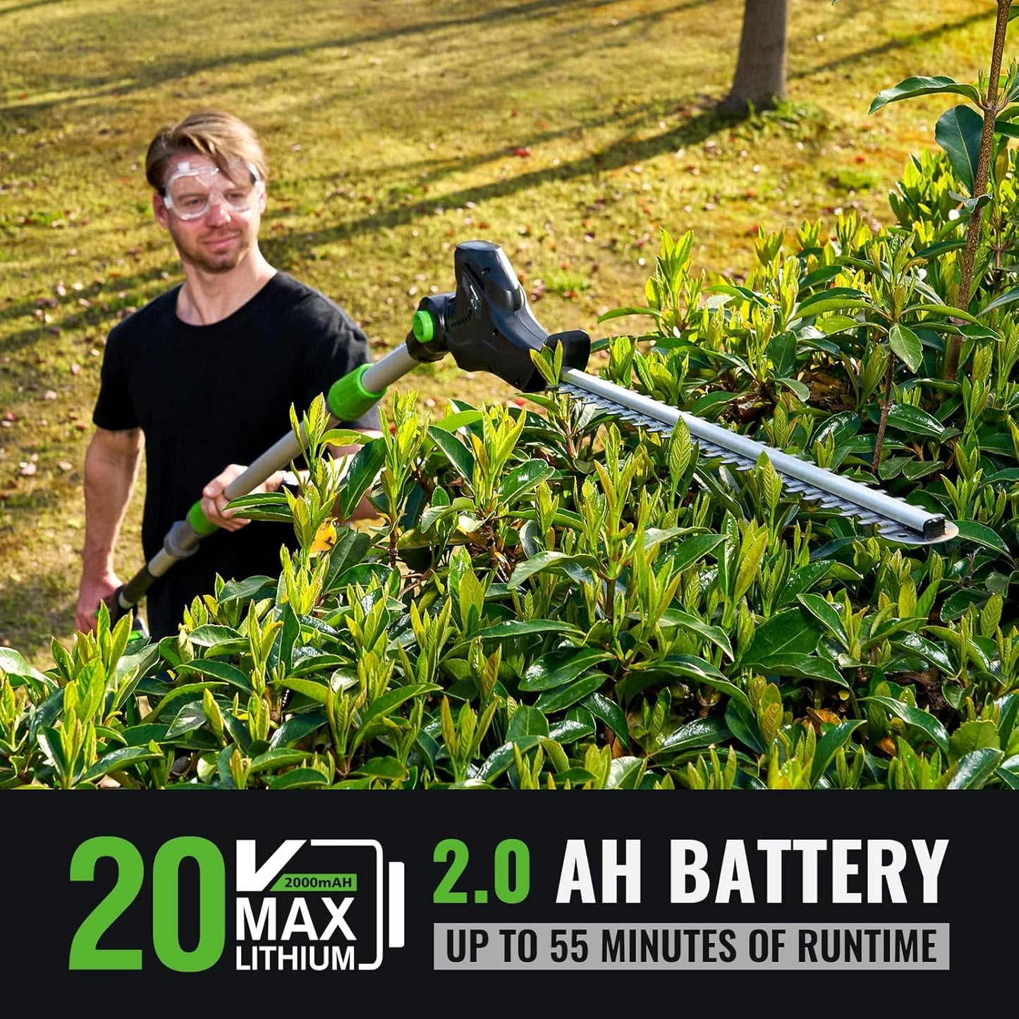 Pole Hedge Trimmer Cordless 20V with Battery Powered 20-Inch Electric Hedge Trimmers 10-FT Reach with Extension Pole Multiple Angles for Shrubs Pruning Bush Trimmer