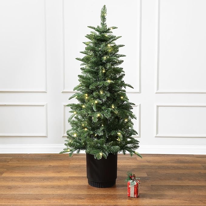 LuxenHome 4.5FT Small Christmas Tree, Prelit Slim Potted Christmas Trees with 100 Warm White LED Lights, Lighted Pine Tree with Fluted Black Pot, Small Faux Holiday Tree for Home Display