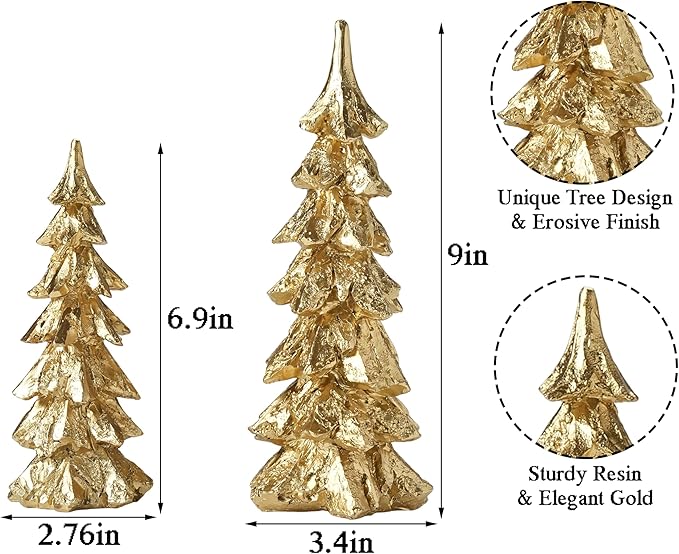 2Pcs Gold Christmas Tree Figurines, Resin Christmas Trees with Weathered Finish, Small Decorative Tabletop Trees for Mantel, Modern Holiday Home Decor for Living Room, Office, Festive Centerpiece